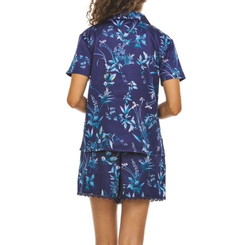Flora by Flora Nikrooz Floral Navy Blue Short Sleeve Pajama Set Size Large - Picture 2 of 12